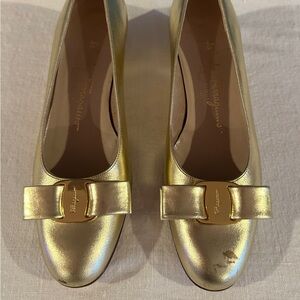 Salvatore Ferragamo Gold Block Heel Slip On Shoe Size 7 AA